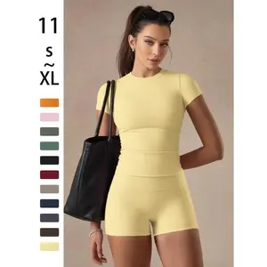 Women's Solid Color Basic 2-Piece Set – Versatile T-Shirt & Booty Sculpting Gym Shorts, Multi-Purpose Yoga Fitness Outfit for Workout & Daily Wear