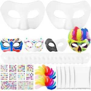 24 Pack Paper Mache Mask White Craft Masquerade Mask with Gem Sticker and Feather DIY Blank Mardi Gras Cosplay