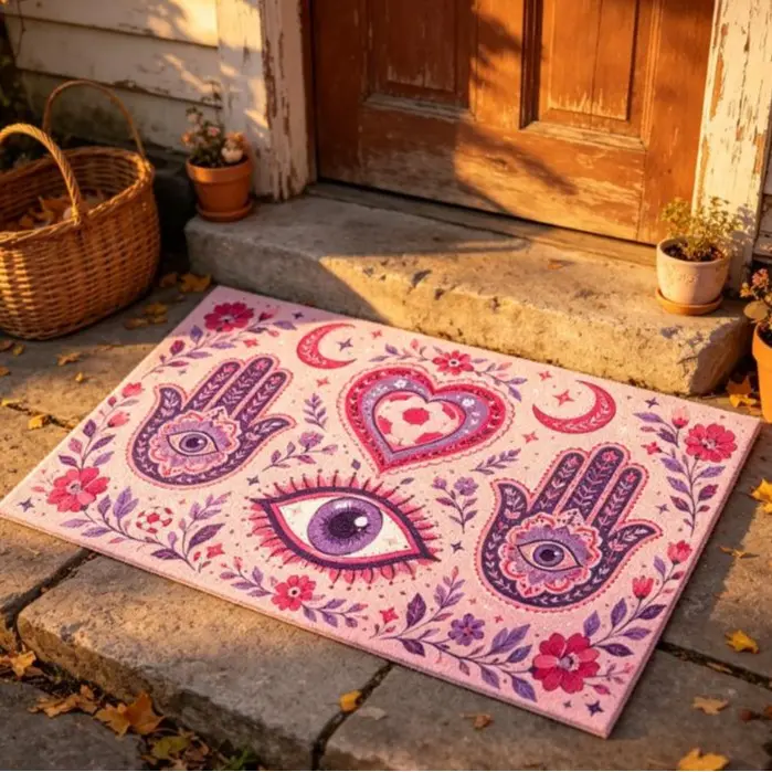 Boho Hamsa Evil Eye Floral Welcome Mat, Pink Purple Moon Heart Mandala Non Slip Doormat, Mystical Witchy Front Entry Rug For Spiritual Porch Home Decor