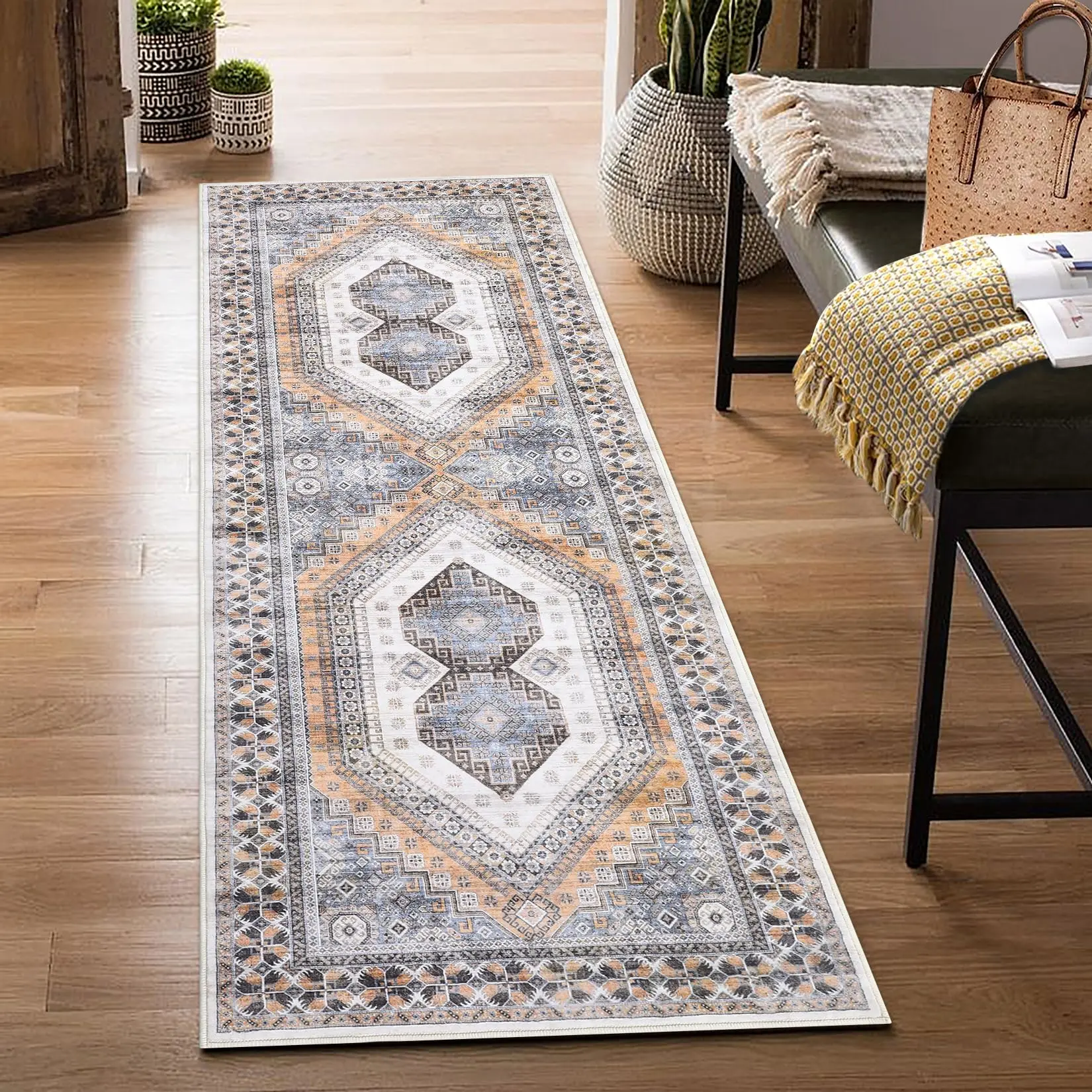 【GARVEE】2x6 Runner Rugs Washable Area Rug Stain Resistant Anti Slip Backing Rugs Lightweight Thin Entry Rug Oriental Distressed Print Capet for Kitchen Bedroom, Light Orange