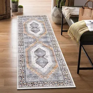 【GARVEE】2x6 Runner Rugs Washable Area Rug Stain Resistant Anti Slip Backing Rugs Lightweight Thin Entry Rug Oriental Distressed Print Capet for Kitchen Bedroom, Light Orange