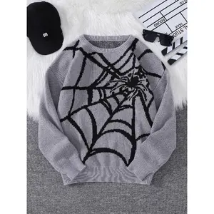 Men's Spider Web Pattern Round Neck Sweater, Regular Fit Casual Drop Shoulder Long Sleeve Jumper for Spring & Fall, Fashion Men's Knitwear for Daily Wear