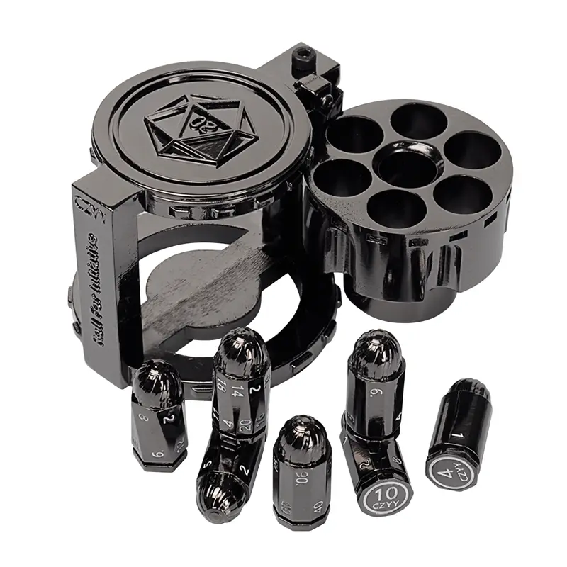 Metal Polyhedral Bullet Dice Set of 7 with Spinning Revolver Cylinder Container - Cyberpunk Style Dice for Warhammer 40K, D&D, Sci-Fi, War, or Crime T