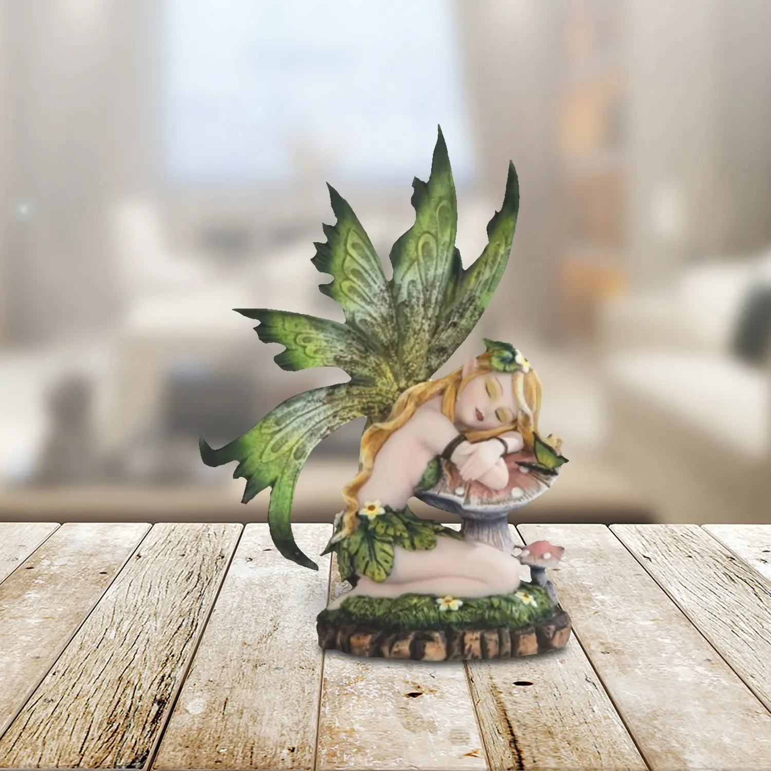 6"H Green Butterfly Wings Forest Fairy Sleeping on Mushroom Statue Fantasy Decoration Figurine