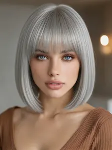 12-Inch Silver Gray Bob Wig with Bangs, Synthetic Fiber Heat-Resistant Short Bob Wig, Natural and Realistic, Suitable for Daily, Parties, Cosplay, Synthetic Hair Wigs