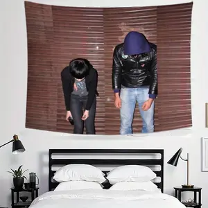 A crystal castle tapestry, designed horizontally, featuring two figures and vertical shutters. This vibrant wall hanging is an excellent addition to a dorm room..