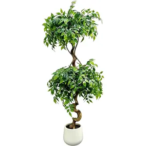 6FT Artificial Ficus Tree with White Pot, Tall Faux Ficus with Realistic Trunk and Lifelike Green Leaves, Indoor Fake Silk Tree for Home, Office, Living Room, or Corner Decor