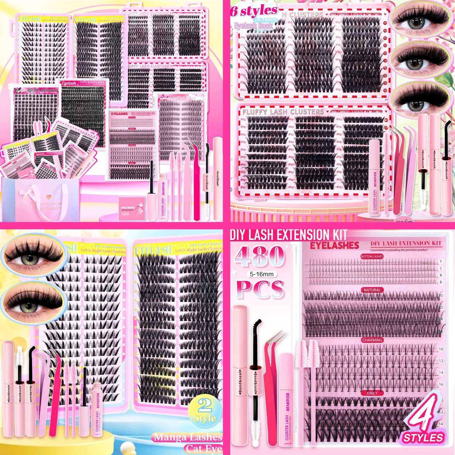 DIY Eyelash Extension Kit, False Eyelashes Kit, 6 Styles Christmas Valentine's Day Gifts Individual Lash Clusters Manga Lashes, Cat Eye, Fluffy Eyelash Clusters With Makeup Tools, Bond and Seal, Lash Remover For Beginner Use At Home Eyelash Set