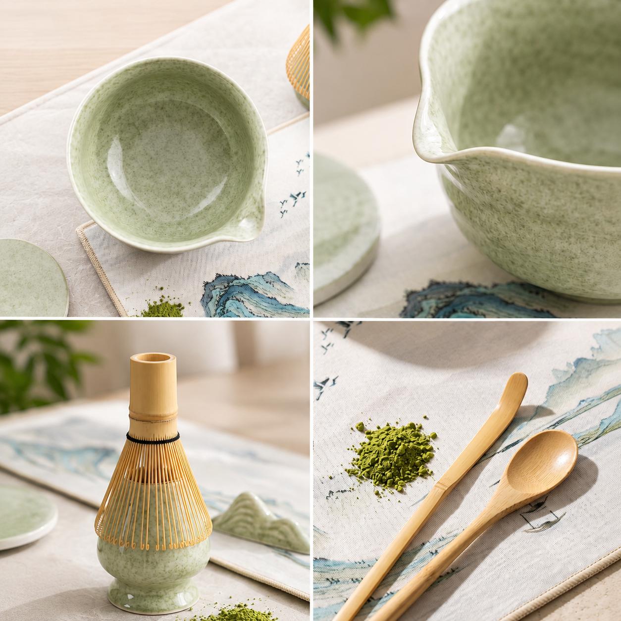 10-Pieces Bamboo Matcha Whisk Set - 450ml Matcha Bowl, Whisk Holder, Scoop, Spoon, Sifter, Scoop Holder, Silicone Coaster, Tea Brush, Cleaning Cloth (Kitchenware Tea-Making Tools for Enthusiasts)