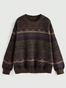 Women's Geometric Pattern Drop Shoulder Sweater, Knitwear Oversized, Fairycore, Long Sleeve Round Neck Sweater Casual Comfort Fit Womenswear