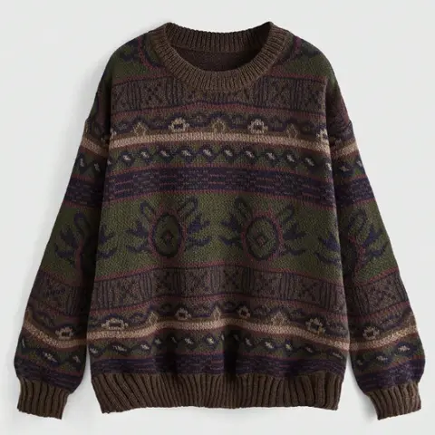 Women's Geometric Pattern Drop Shoulder Sweater, Knitwear Oversized, Fairycore, Long Sleeve Round Neck Sweater Casual Comfort Fit Womenswear