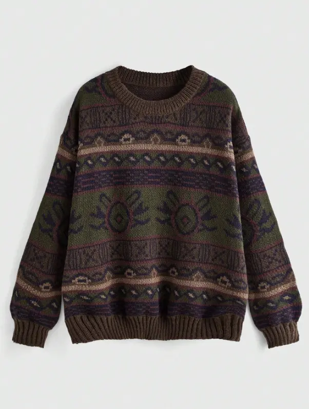 Women's Geometric Pattern Drop Shoulder Sweater, Knitwear Oversized, Fairycore, Long Sleeve Round Neck Sweater Casual Comfort Fit Womenswear