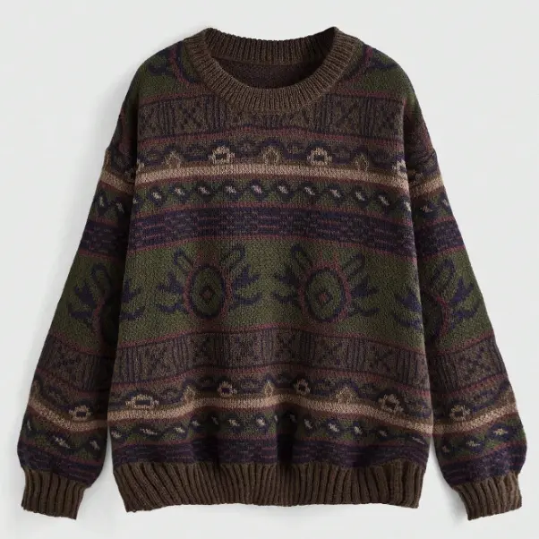 Women's Geometric Pattern Drop Shoulder Sweater, Knitwear Oversized, Fairycore, Long Sleeve Round Neck Sweater Casual Comfort Fit Womenswear
