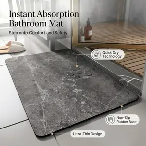 Bath Mat 16x24, Non Slip Quick Dry Rugs, Super Absorbent Ultra Thin Marble Bathmat, Washable Rubber Mats for Shower Floor, in Front of Bathtub, Sink, Bathroom Accessories Decor, Dark Grey, Water Absorbent Mat