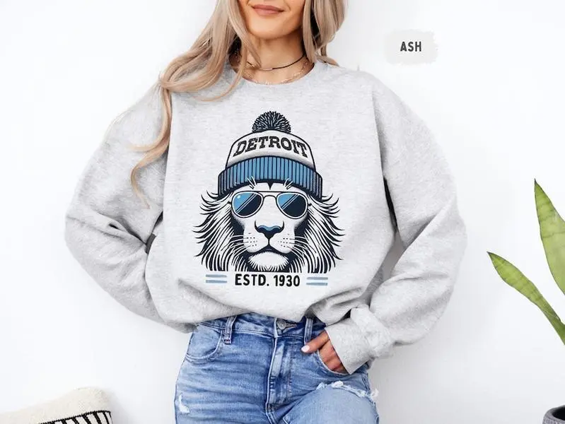 Cool Detroit Lion with Sunglasses Graphic Sweatshirt - Retro Game Day Crewneck Pullover