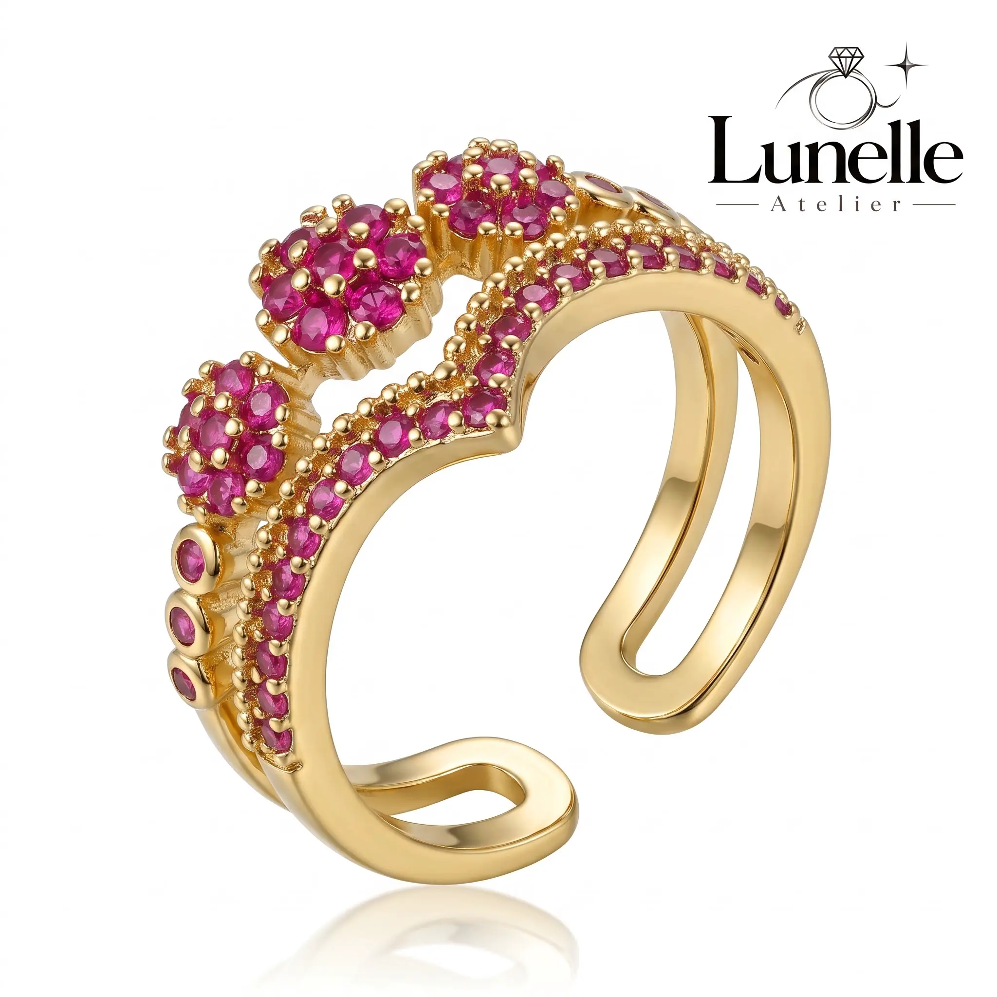 Women's Clustered Floral CZ Chevron Ring, 0.4in Wide Double Row Band, Adjustable Size Copper Plated Hypoallergenic Artificial Gemstone Bridal Statement Jewelry Gift for Anniversary