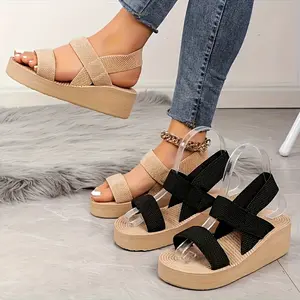 Minimalist Style 5CM Wedge Sandals, Breathable Fabric Cross Strap Shoes, Comfy EVA Sole Sandals for Everyday & Vacation