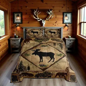 Moose Lodge Cabin Comforter Set,Wild Animal Bear Silhouette Bedding Set for Kids Teens Adults Vintage Watercolor Jungle Leaves Rustic Microfiber Duvet Set