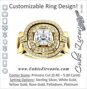 Cubic Zirconia Engagement Ring- The Kandie Lue (Customizable Cathedral-set Princess Cut with 2x Halo and Prong Accents)
