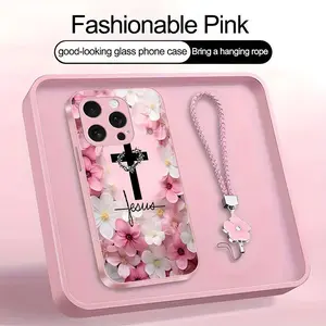 Christian Jesus Cross Floral Art Phone Case, Suitable for [iPhone 16 Pro] high-end women's, Lanyard a beautiful four-leaf clover lanyard is included🍀 952