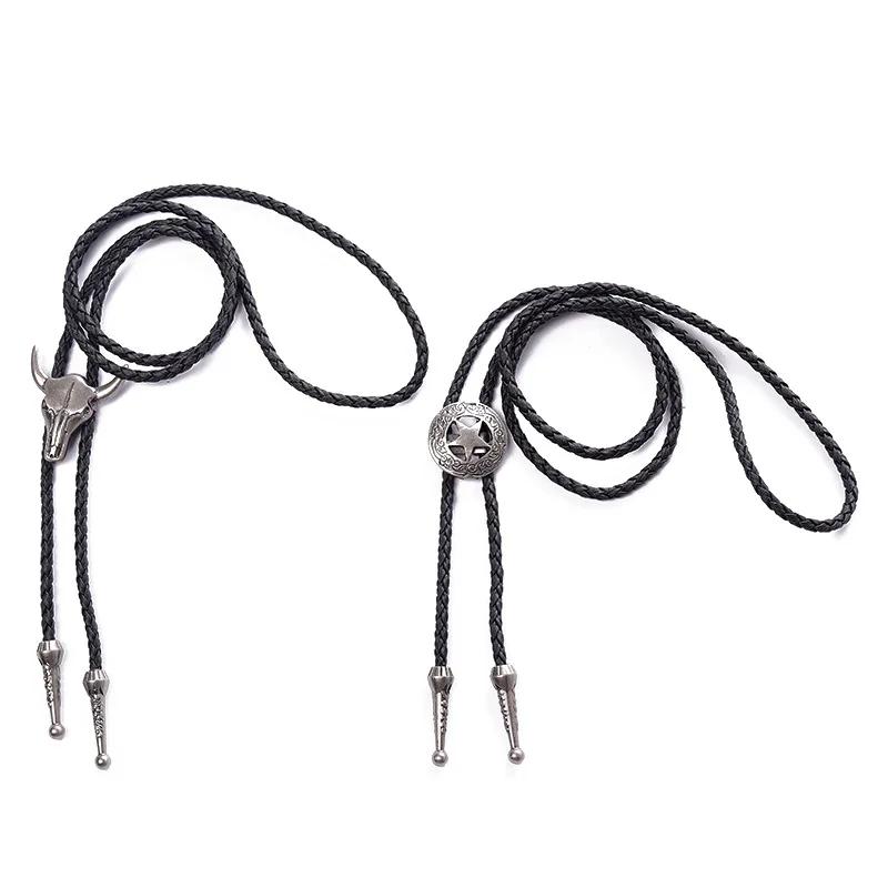 Adjustable Bull Head Five Stars Western Cowboy Bolo Tie Rodeo Dance Necktie Faux Leather Pendant Necklace