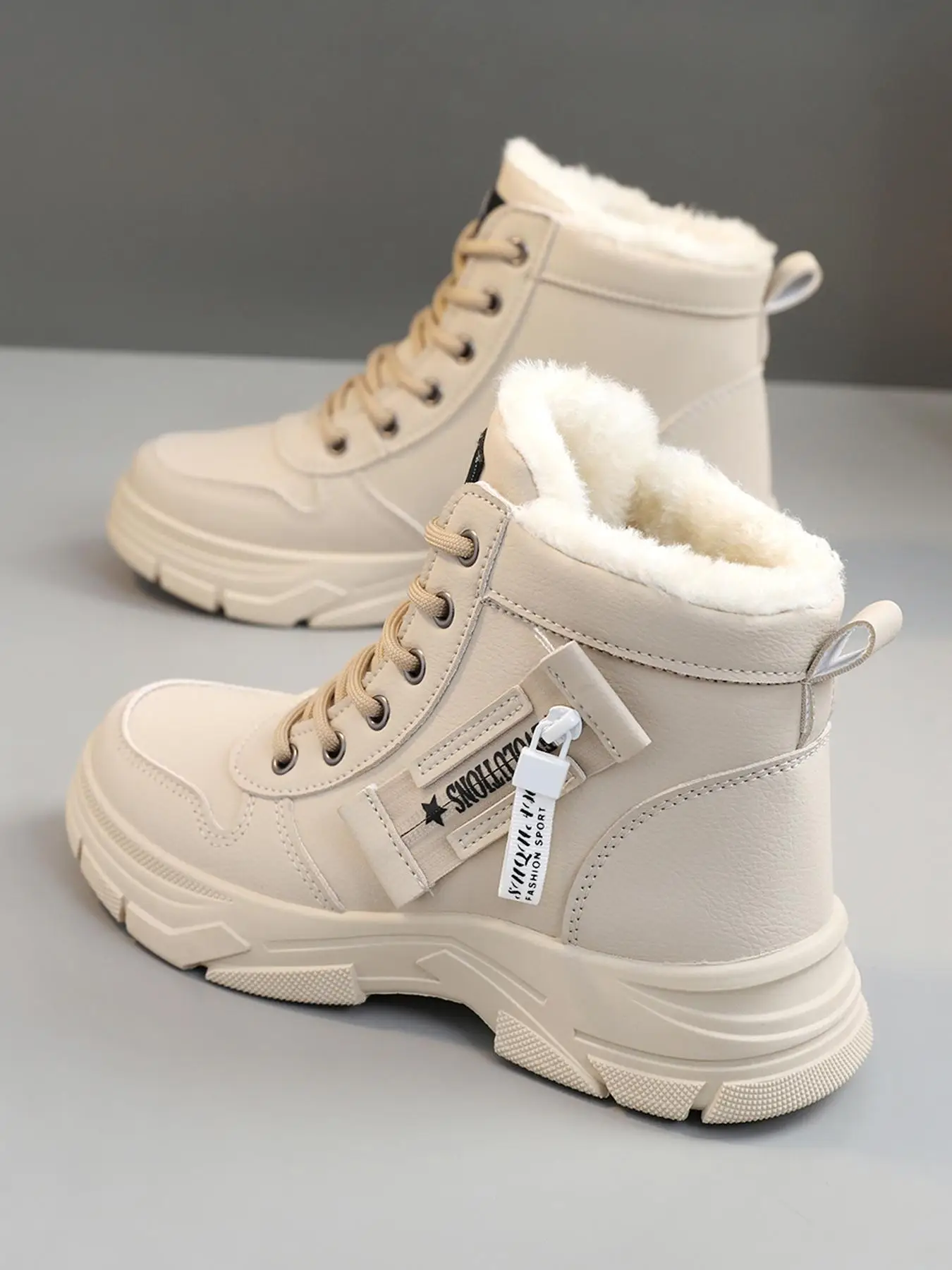 Women's Fashionable Letter Label Design Lace Up Mid-calf Boots, 2025 New Style Casual Warm Thick Sole Winter Boots for Winter, Female All-match Trendy