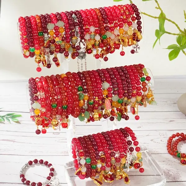 Bohemian Red Glass Beaded Bracelets, 12/24/36pc Unisex Stretch Bracelet Stack with Alloy Pendants for Festivals & Daily Wear, Beaded Bangles, Red Glass Beads