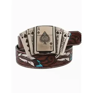 New Western Style Vintage Belt Unisex, Western Belts, Irregular Pattern Carved Feather Waist, Smooth Buckle Leather Belt, Fashion Poker Head Gift