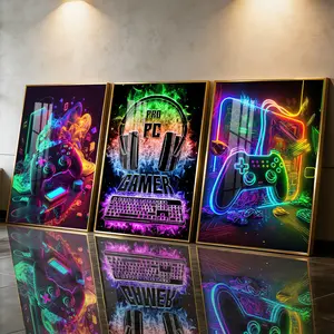 3Pcs Aluminum Alloy Framed Painting, Neon Gamer Console Artwork, Home Decoration For Living Room, Bedroom, Office, Restaurant, Hallway Wall Decor, Odorless Print Artwork, Luxury Perfect Gift For Friends And Family