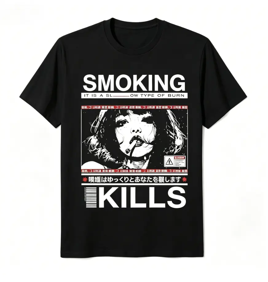 Retro Manga 'Smoking Kills' Graphic T-Shirt, Unisex Soft Breathable 100% Cotton Shortsleeve Casual Tee, Tshirt, Print, Fabrics, Round Neck, Simple, Top, Tops, Graphic Clothing