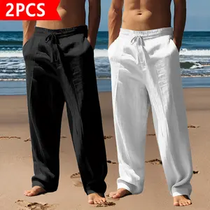 2-Pack Men’s Linen Beach Pants, Lightweight Loose-Fit Casual Trousers with Drawstring Waist, Breathable Summer Pants for Beach, Yoga, Vacation & Everyday Wear., Menswear, Black + White