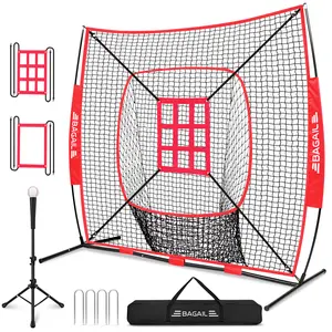 【SummerWins】BAGAIL 7x7 ft Baseball & Softball Practice Net with Bow Frame for Batting, Hitting, Pitching, Portable Baseball Throwing Net with 2 Strike Zone Batting Tee, Carry Bag, Great for All Levels