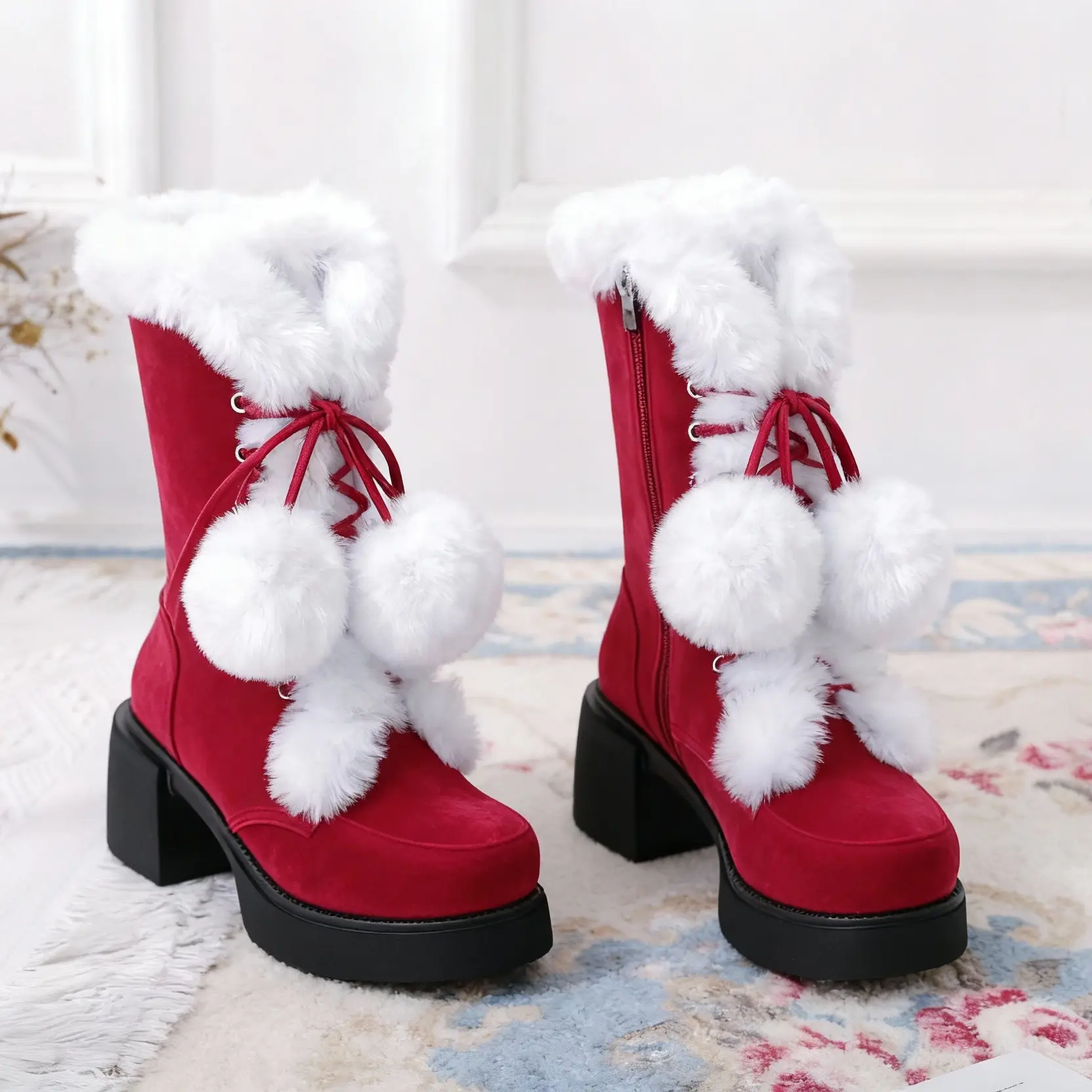 Perfect Christmas Gift Plaid Red Fur Boots for Women Fashion Santa Claus Winter Shoes Cozy Plush Boots Comfortable Holiday Gift Ideas