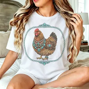 Vintage Western Tees Retro BOHO Turquoise Chicken Tshirt Country Rooster Farm T-Shirt Casual Womenswear Crewneck Cowboy Tee Cowgirl T-Shirt,Street,shirts