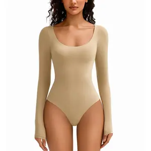 Bodysuits for Women Long Sleeve Body Suits Womens Scoop Neck Bodysuit Double Lined Tops