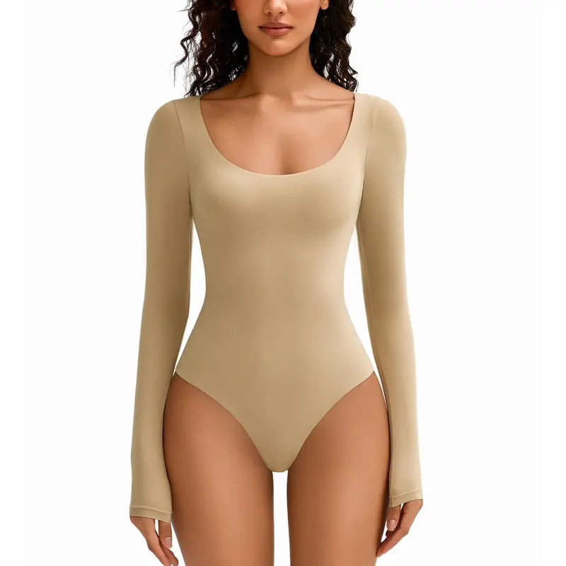 Bodysuits for Women Long Sleeve Body Suits Womens Scoop Neck Bodysuit Double Lined Tops
