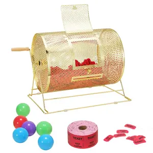 VEVOR Raffle Drum, Holds 5000 Tickets or 200 Ping Pong Balls, Metal Lottery Spinning Drawing with Wooden Turning Handle, 16.1x 12 inch Brass Plated Raffle Ticket Spinning Cage, for Bingo Ballot Part