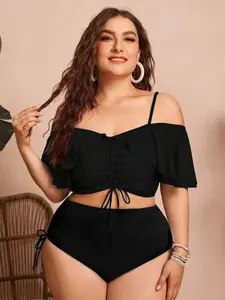Summer 2pcs Plus Size Women's Black Solid Color Spaghetti Strap Off Shoulder Ruffled Drawstring Split Bikini High Waist Full Cup Boho Style tankini tiktokshopspringglowup