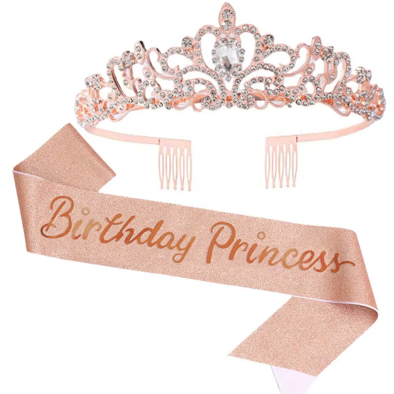 Rhinestone Crown & Sash Set, 2 Counts/set Glitter Crown & Sash for Women & Girls, Birthday Party Supplies