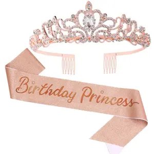 Rhinestone Crown & Sash Set, 2 Counts/set Glitter Crown & Sash for Women & Girls, Birthday Party Supplies