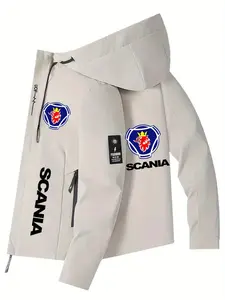 Men's Lightweight Windproof Jacket with Scania Logo, Zipper Front Design, Full-Zip Hooded Outerwear, Casual Spring & Fall Use
