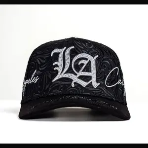 LA California Embroidered Snapback Hat - Black with White Embroidery and Rhinestone Accents