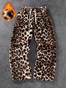 Men's Young Street Style Plaid Leopard Print Loose Pants, Casual Loose Comfy, Natural Leopard Texture Design, Casual Spring & Fall Fashion, Casual Streetwear Trousers