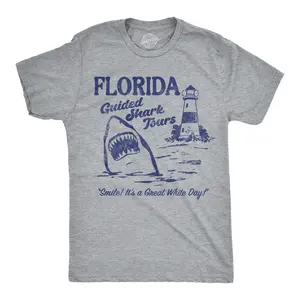 Mens Funny T Shirts Florida Guided Shark Tours Sarcastic Graphic Novelty Tee for Men Mens Funny T Shirts Cool Vintage Fashion T-Shirt Gift Classic Menswear Shark Apparel for Men Funny Sarcastic Short Sleeve Light Grey