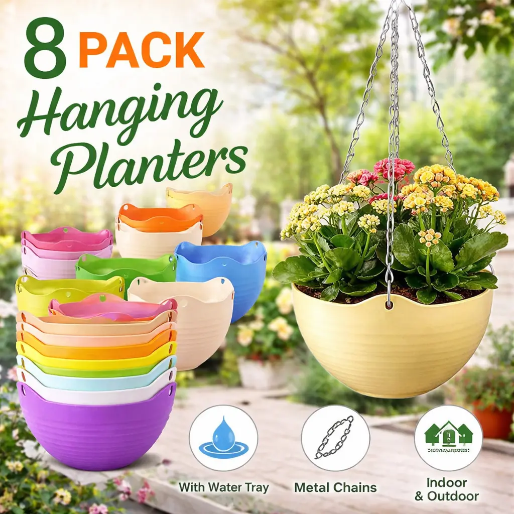 8-Pack Multicolor Hanging Planter Pots – Round Garden Hanging Baskets with Metal Chains & Removable Water Trays for Indoor Outdoor Patio, Balcony & Home Decor