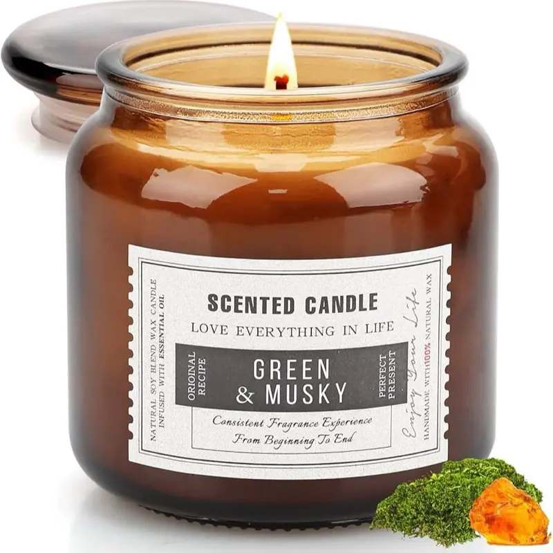 Scented Green & Musky Aromatherapy Candle - 5.5oz, 130 Hours Burn Time, Home Decor Ornament, 3 Stickers for DIY Anniversary Box Gift for Men, Mens Room Decoration, Aromatic Therapy Candles