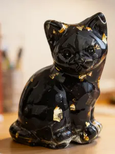 Obsidian Cat Figurine, Hand Carved Gemstone Animal Statue, Home Office Decor, Protection, Healing, Gift