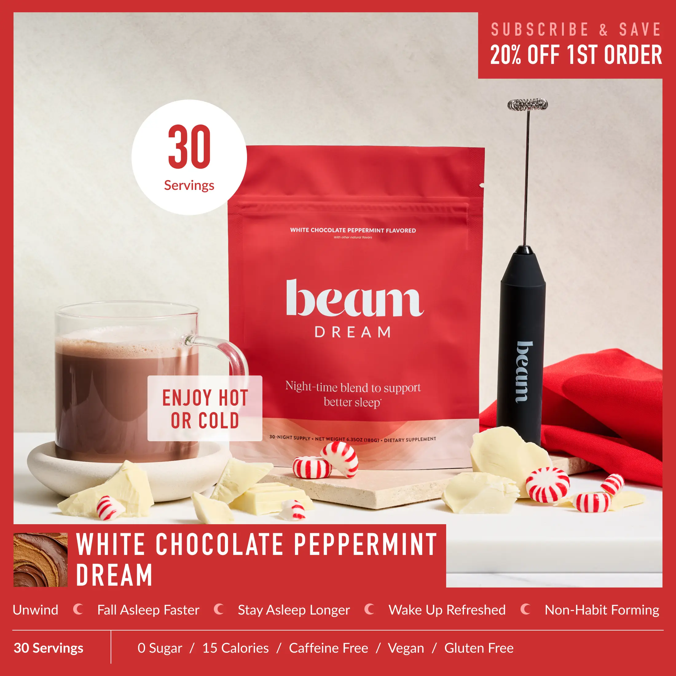 Beam Dream Nighttime Milk Alternative Powder Drink Mix - 30 Servings, White Chocolate Peppermint Flavor, Clean Label Natural Blend Supplement Stack for Adult Better Sleep, Magnesium, L-Theanine, Apigenin, Melatonin, Vegan, Gluten-Free, Dairy Free, Melaton