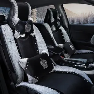 Queen Crown Decor Car Seat Covers, Soft Plush Fabric, Universal Fit Elegant Rhinestones Design Front & Rear Seats, Car Seat Decorative