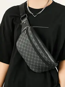 Men's Classic Casual Geometric Pattern Zipper Sling Bag, Large Capacity Outdoor Crossbody Bag, Casual Pu Leather Soft Pu Street Small Waist pouch for Daily Use, Zipper Fanny Pack, Belt Bag